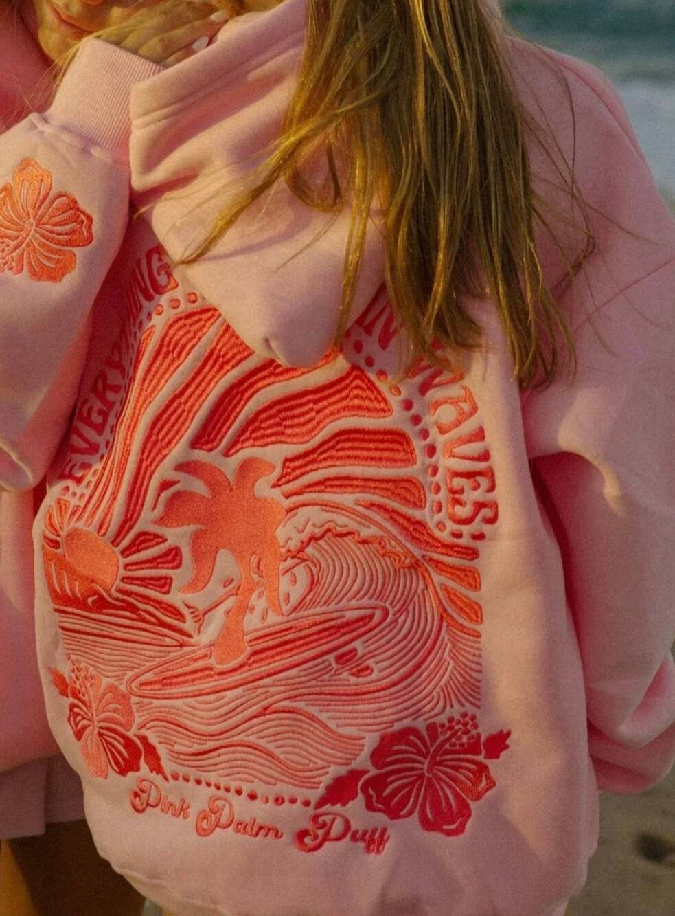 Pink Palm Puff Everything Comes in Waves Hoodie Size L Pink